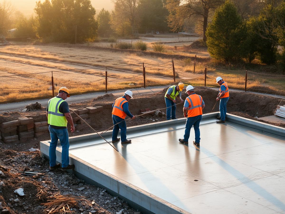 Crew finishing a poured concrete slab foundation